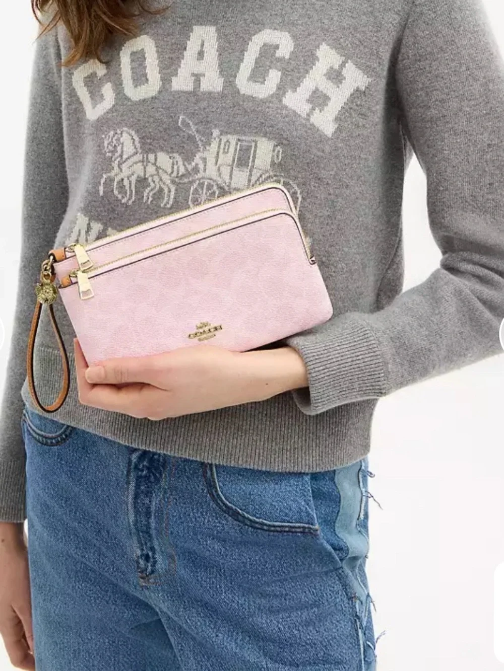 NWT🌸Coach Double Zip Wristlet In Signature Canvas With Charms Powder Pink CEF61